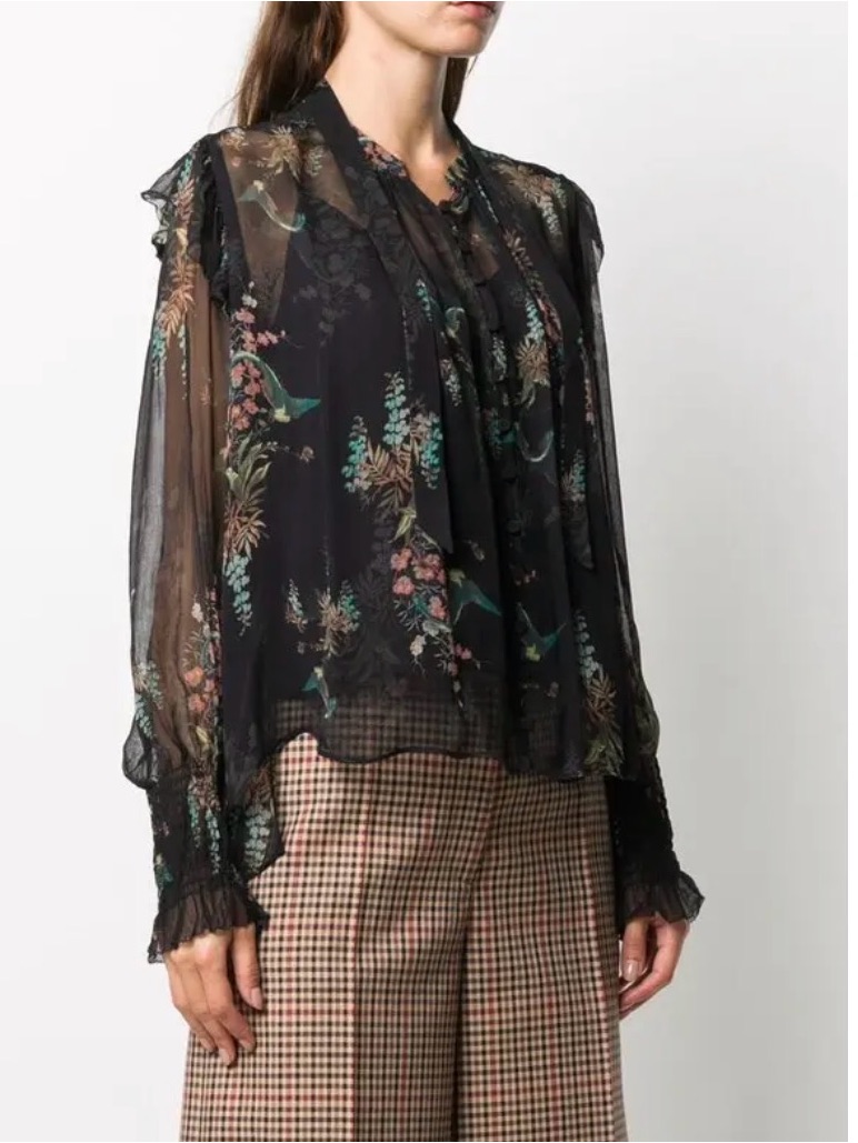 All Saints Layered Sheer Floral Print Blouse V-Neck Button Top Delicate Romantic